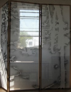 Drawing Screen, 96\" x 108\", scrim and spray paint
